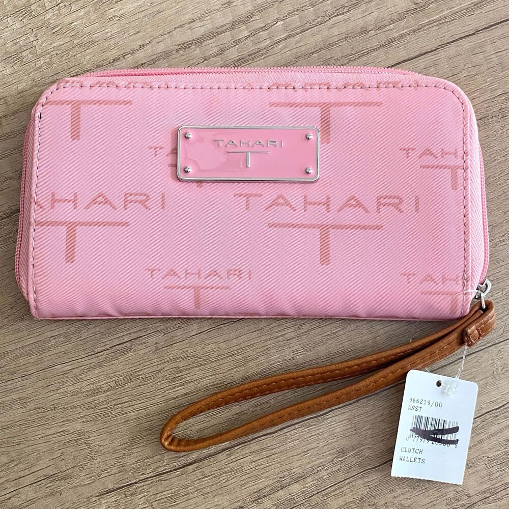 Tahari Pink Monogram Wristlet Clutch Wallet Zip Around Purse